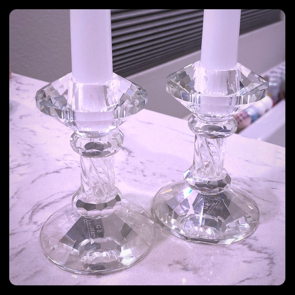 Crystal looking long stem candle holders